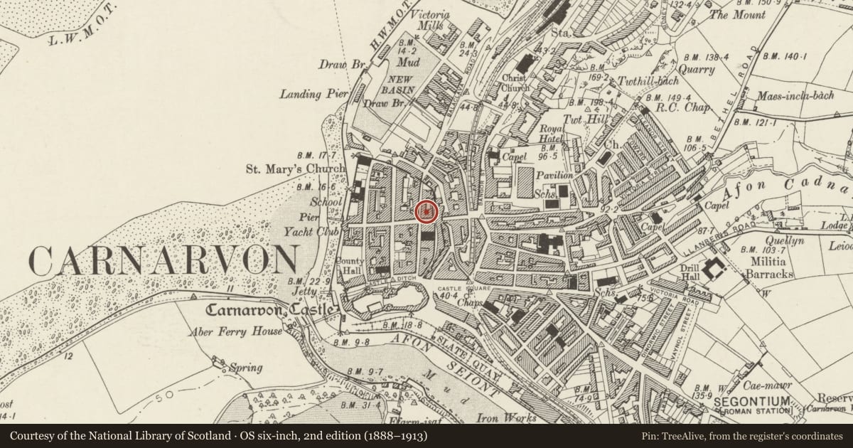 Ordnance Survey six-inch map, 2nd edition (1888–1913) covering the location of 2 Northgate Street, Caernarfon, Gwynedd, with a pin at the register's coordinates