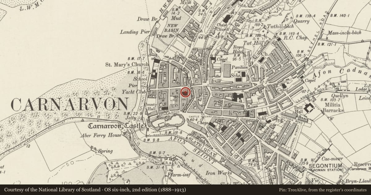 Ordnance Survey six-inch map, 2nd edition (1888–1913) covering the location of The Old Market, Caernarfon, Gwynedd, with a pin at the register's coordinates