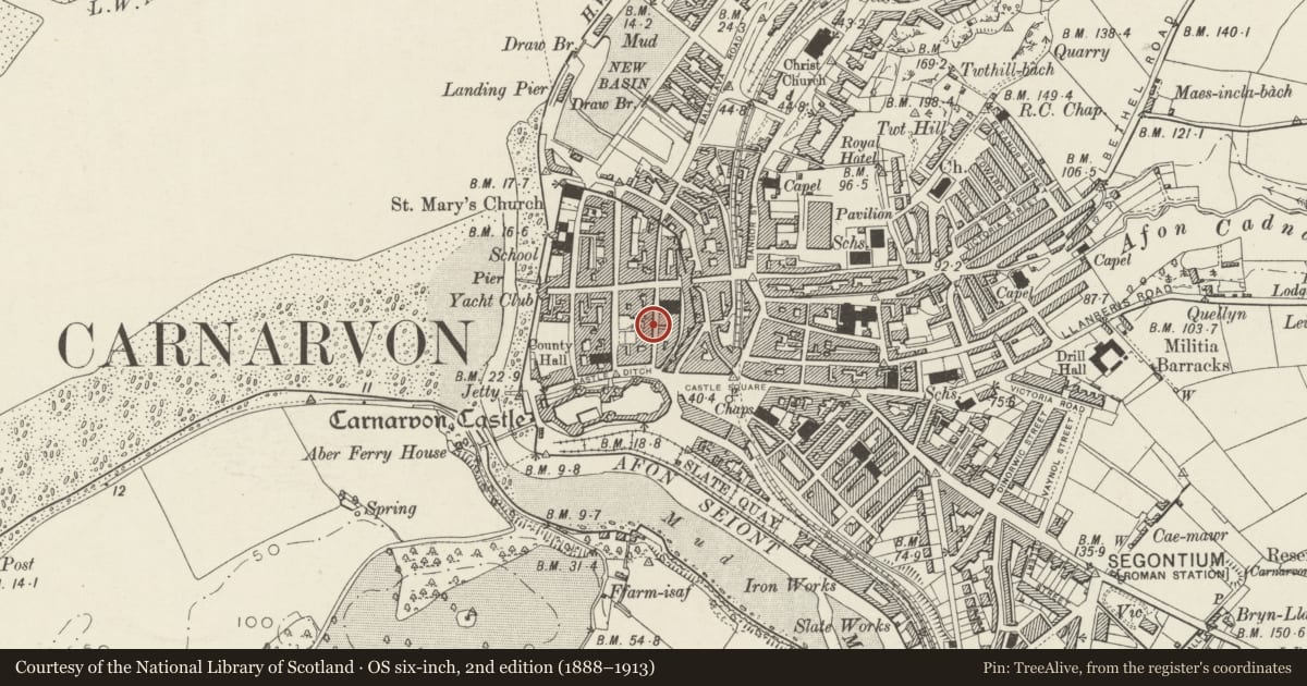 Ordnance Survey six-inch map, 2nd edition (1888–1913) covering the location of 10 Palace Street, Caernarfon, Gwynedd, with a pin at the register's coordinates