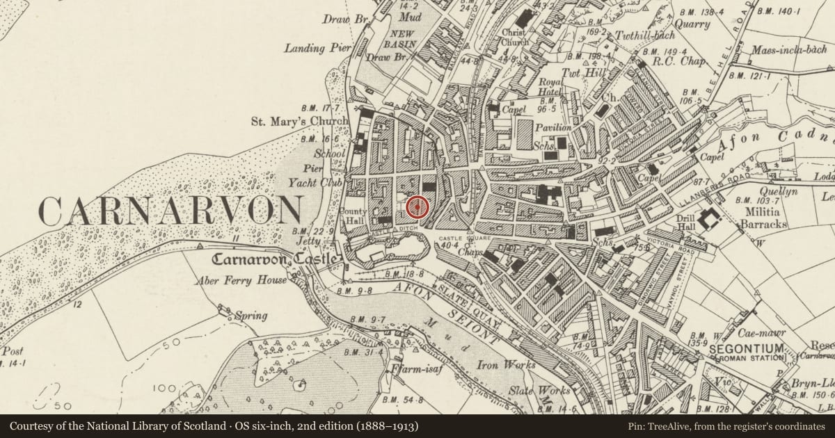 Ordnance Survey six-inch map, 2nd edition (1888–1913) covering the location of Llys Llewelyn, Caernarfon, Gwynedd, with a pin at the register's coordinates