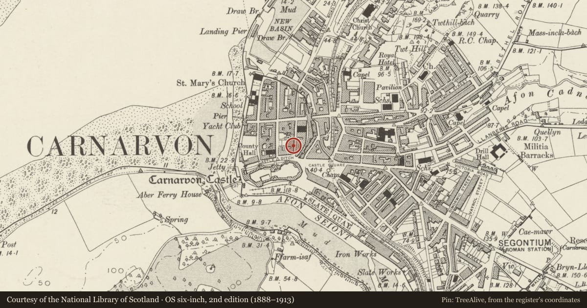 Ordnance Survey six-inch map, 2nd edition (1888–1913) covering the location of Oriel Arfon, Caernarfon, Gwynedd, with a pin at the register's coordinates