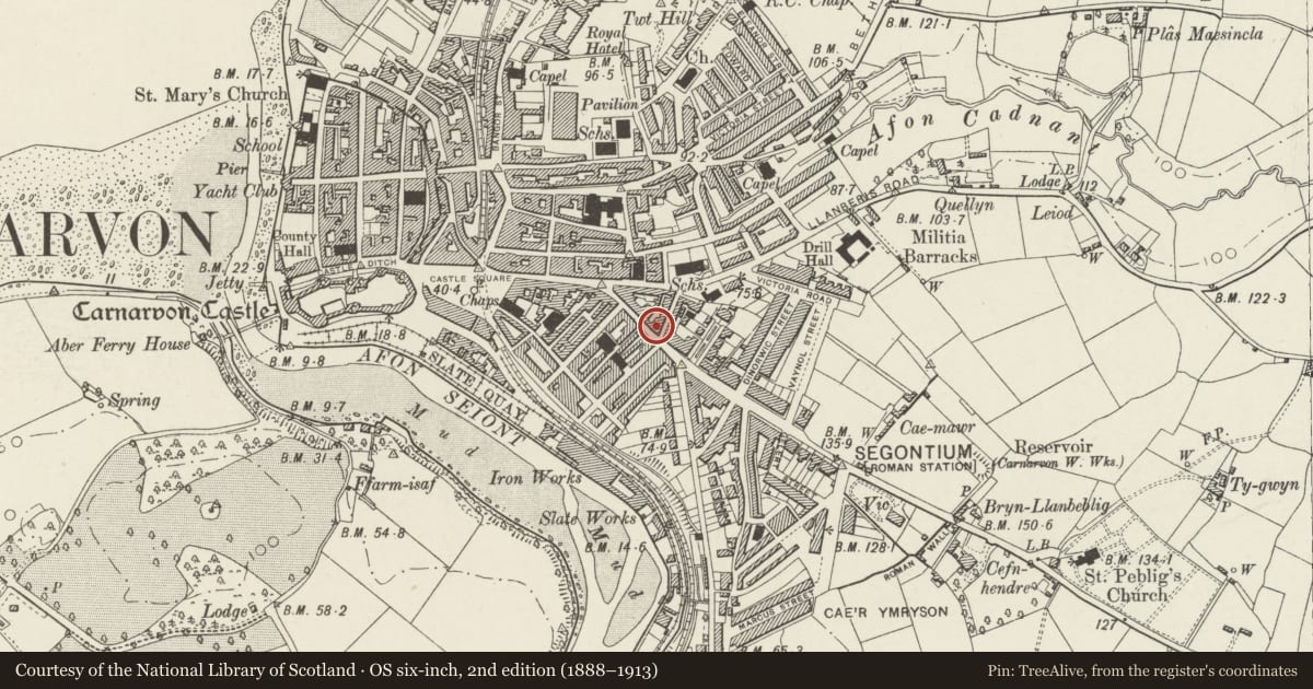 Ordnance Survey six-inch map, 2nd edition (1888–1913) covering the location of 67-69 Pool Street, Caernarfon, Gwynedd, with a pin at the register's coordinates