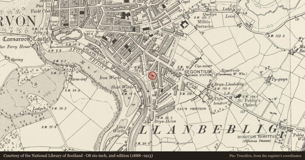Ordnance Survey six-inch map, 2nd edition (1888–1913) covering the location of Hendre Gaerog, Caernarfon, Gwynedd, with a pin at the register's coordinates