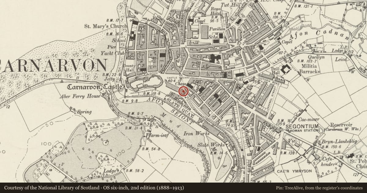 Ordnance Survey six-inch map, 2nd edition (1888–1913) covering the location of Paradox Nightclub (former Bonded Warehouse), Caernarfon, Gwynedd, with a pin at the register's coordinates