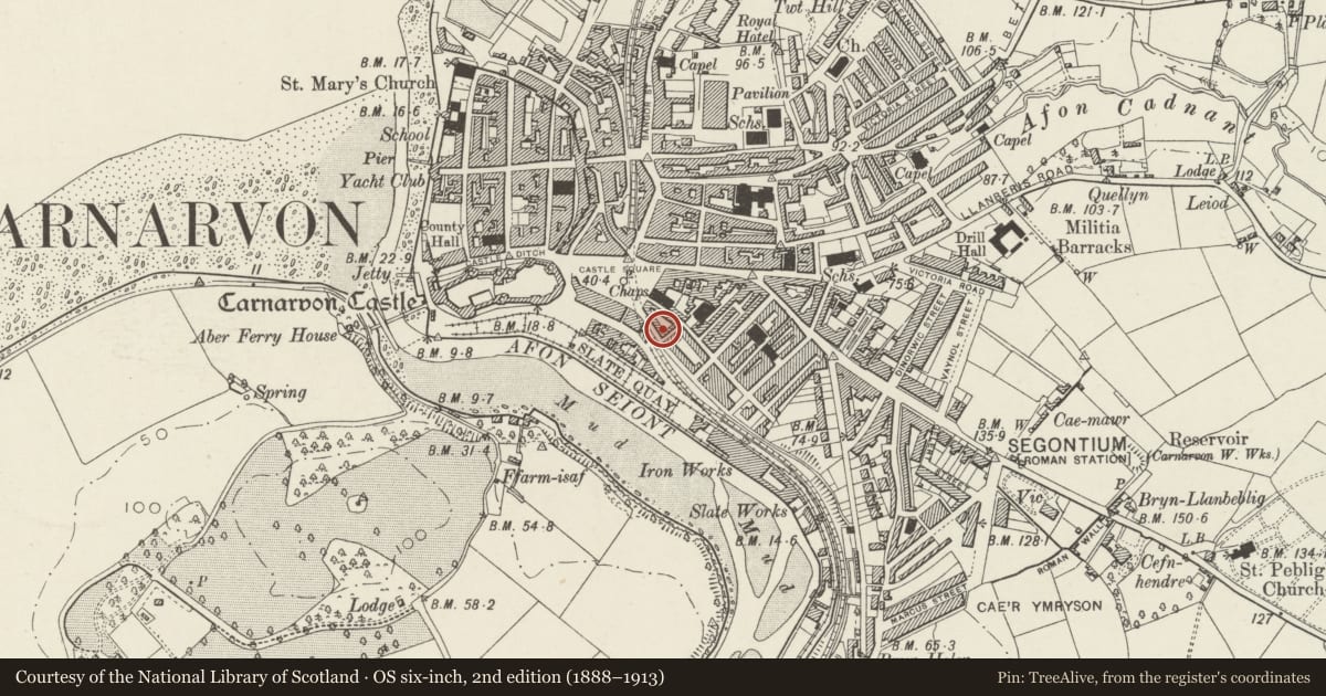 Ordnance Survey six-inch map, 2nd edition (1888–1913) covering the location of 8 Segontium Terrace, including forecourt railings, Caernarfon, Gwynedd, with a pin at the register's coordinates