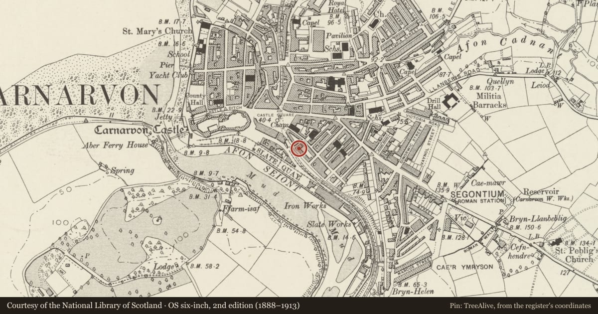 Ordnance Survey six-inch map, 2nd edition (1888–1913) covering the location of The Albert Inn, Caernarfon, Gwynedd, with a pin at the register's coordinates