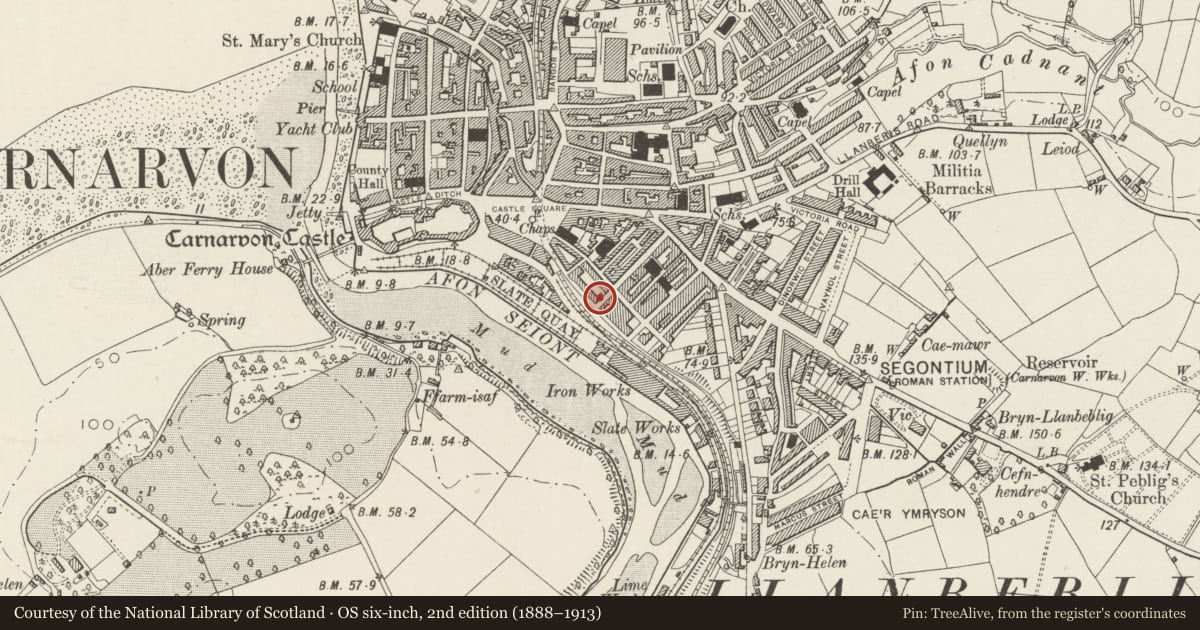 Ordnance Survey six-inch map, 2nd edition (1888–1913) covering the location of 50 New Street, including forecourt railings, Caernarfon, Gwynedd, with a pin at the register's coordinates