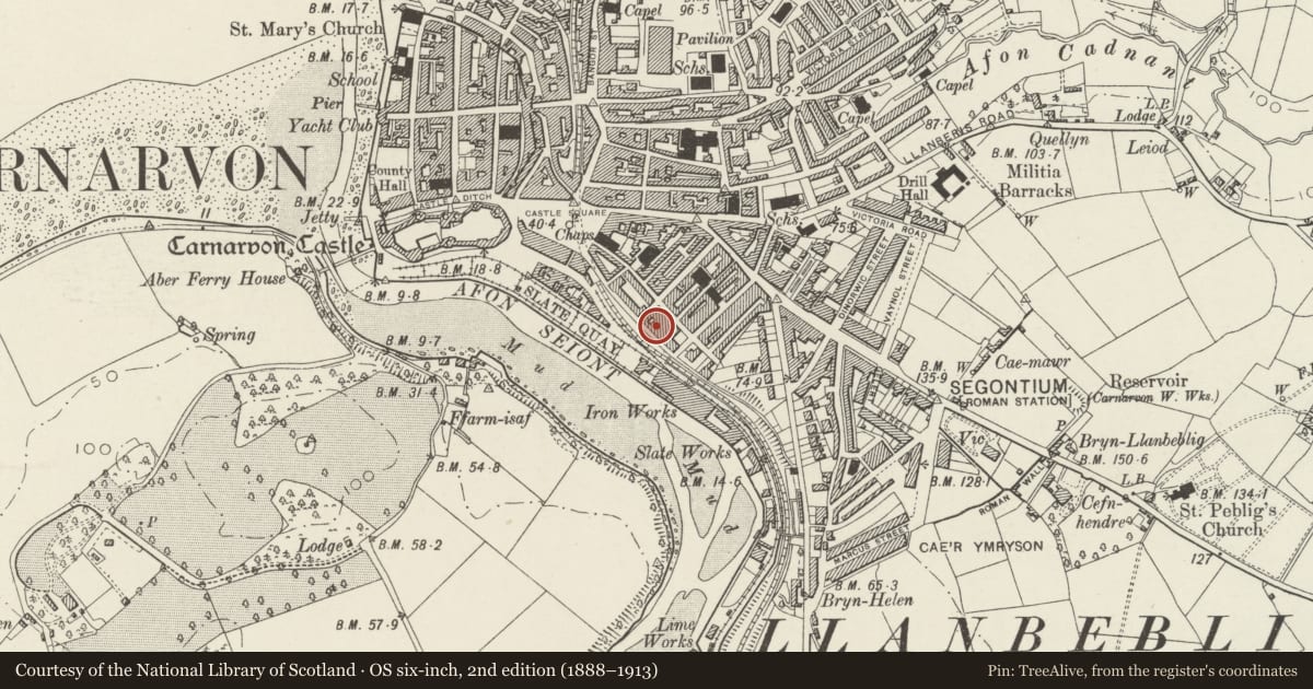 Ordnance Survey six-inch map, 2nd edition (1888–1913) covering the location of 21 Segontium Terrace, Caernarfon, Gwynedd, with a pin at the register's coordinates