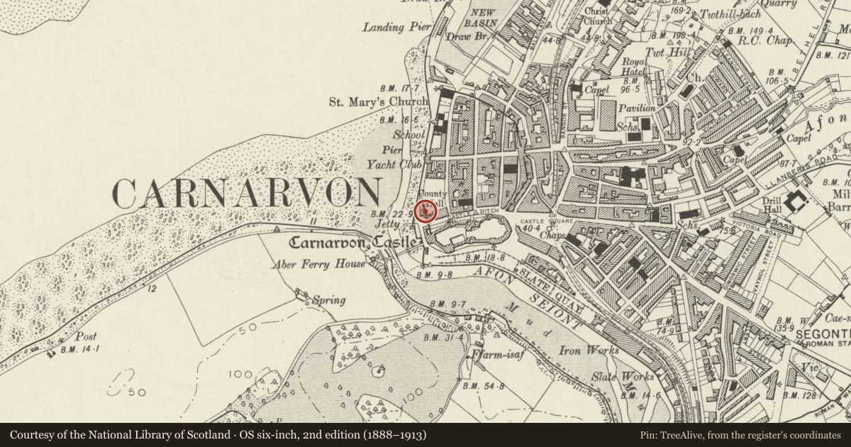 Ordnance Survey six-inch map, 2nd edition (1888–1913) covering the location of The Anglesey Hotel Including Courtyard Wall to Rear, Caernarfon, Gwynedd, with a pin at the register's coordinates