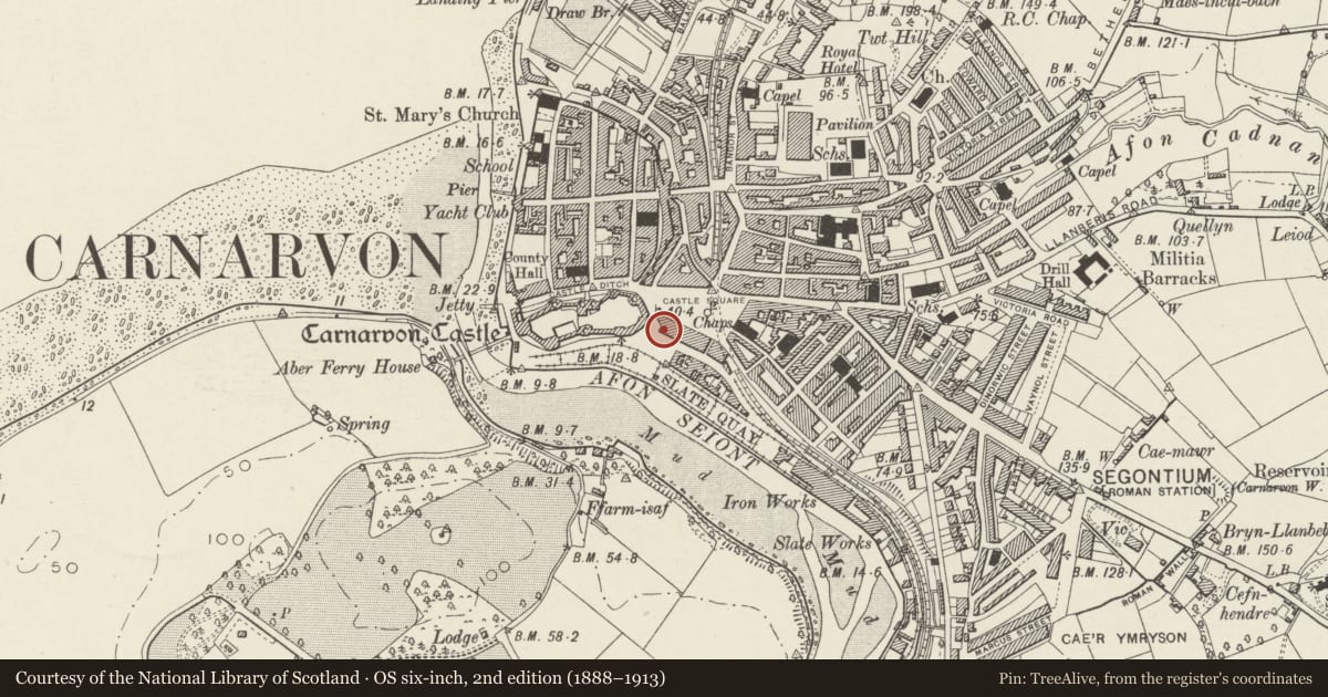Ordnance Survey six-inch map, 2nd edition (1888–1913) covering the location of Castle Gift Shop, Caernarfon, Gwynedd, with a pin at the register's coordinates