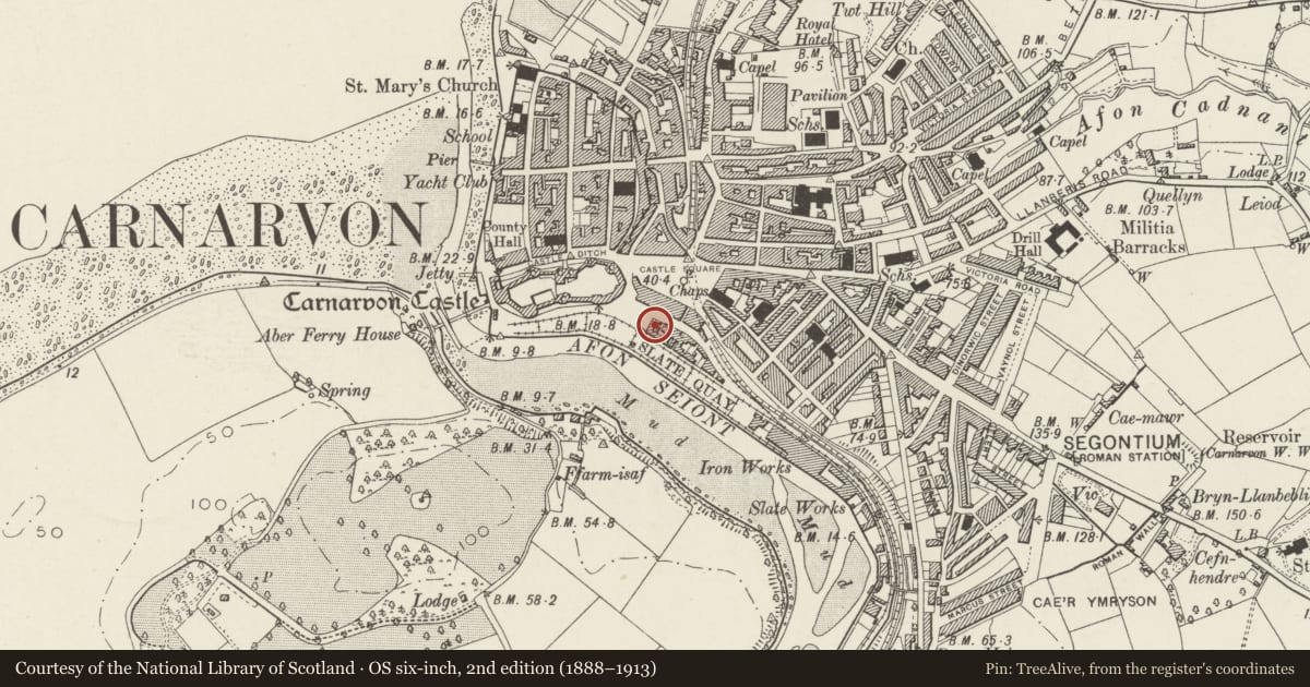 Ordnance Survey six-inch map, 2nd edition (1888–1913) covering the location of Caernarfon Harbour Trust Offices, Gwynedd, with a pin at the register's coordinates