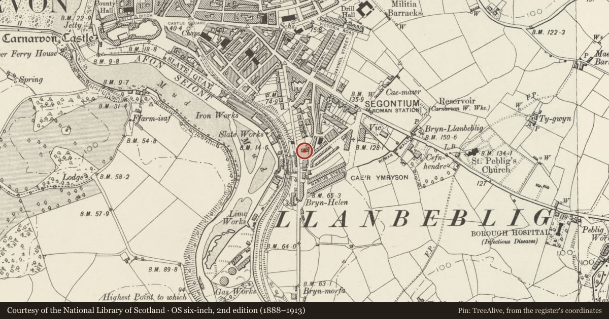 Ordnance Survey six-inch map, 2nd edition (1888–1913) covering the location of Bron Hendre, Caernarfon, Gwynedd, with a pin at the register's coordinates