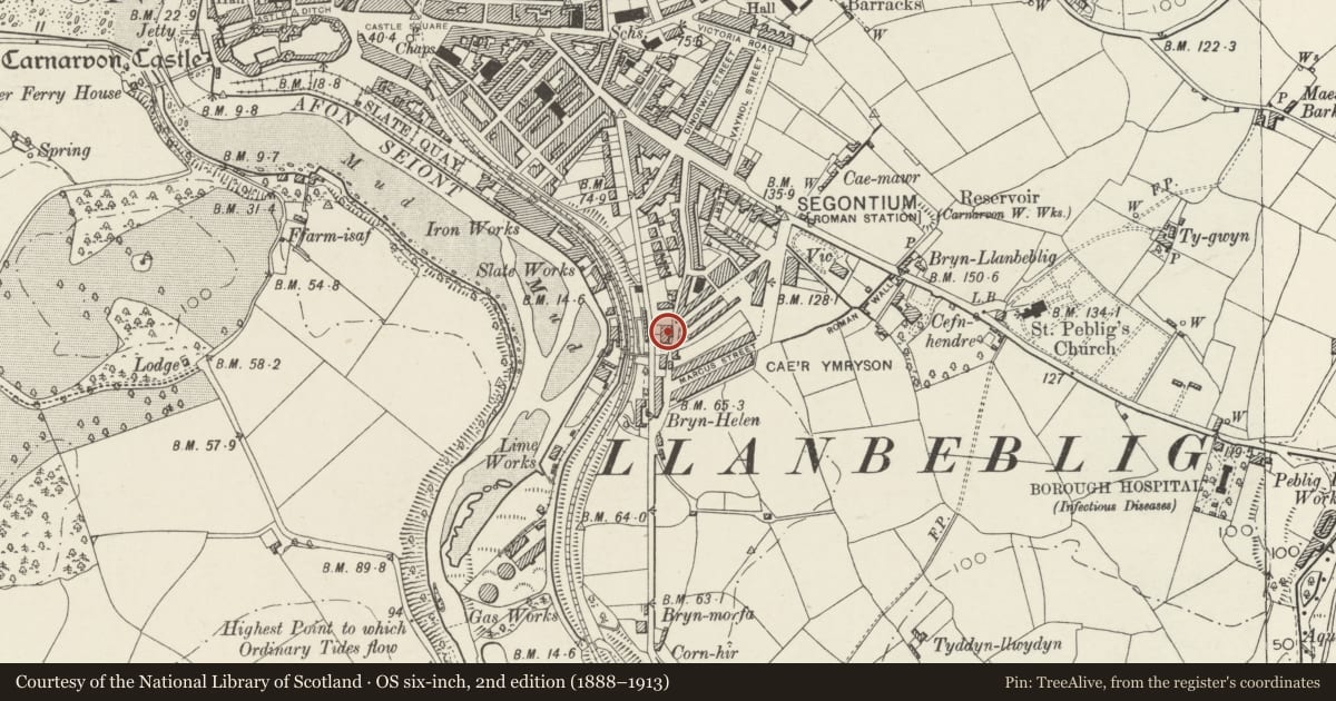 Ordnance Survey six-inch map, 2nd edition (1888–1913) covering the location of Sarn Helen, Caernarfon, Gwynedd, with a pin at the register's coordinates
