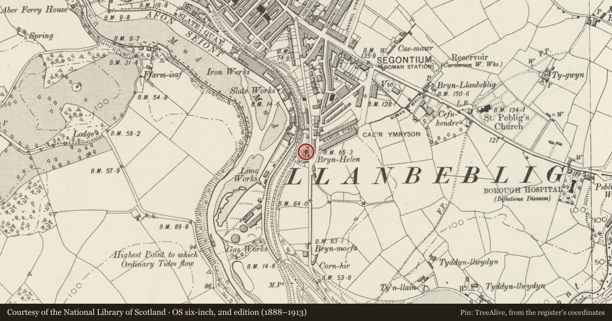 Ordnance Survey six-inch map, 2nd edition (1888–1913) covering the location of Bryn Helen, Caernarfon, Gwynedd, with a pin at the register's coordinates