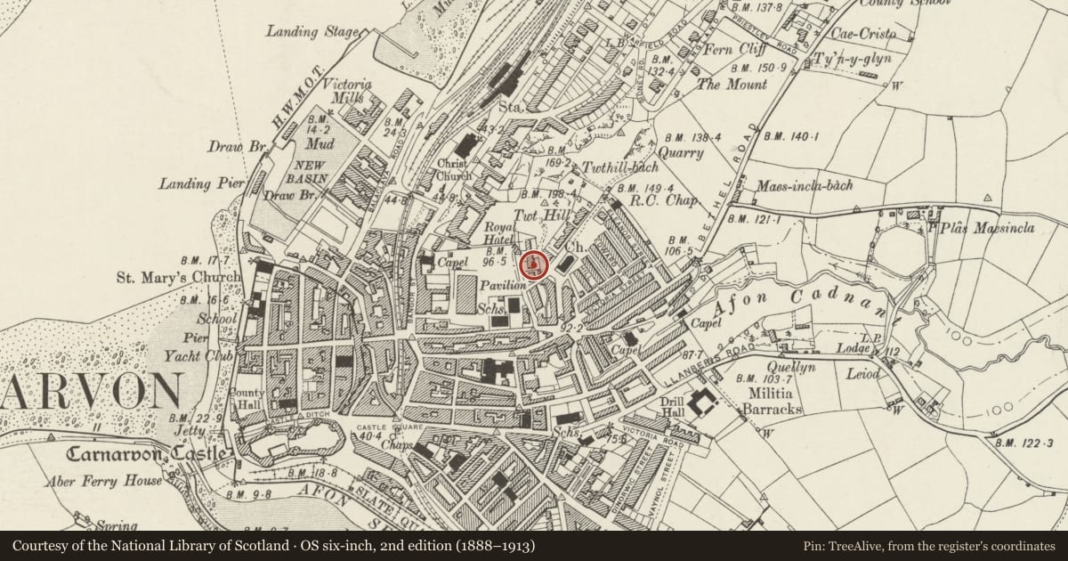 Ordnance Survey six-inch map, 2nd edition (1888–1913) covering the location of Frondeg, Caernarfon, Gwynedd, with a pin at the register's coordinates