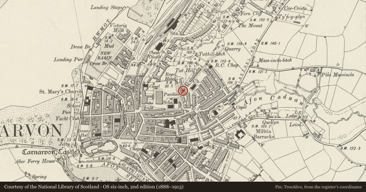 Ordnance Survey six-inch map, 2nd edition (1888–1913) covering the location of Ael y Bryn, Caernarfon, Gwynedd, with a pin at the register's coordinates