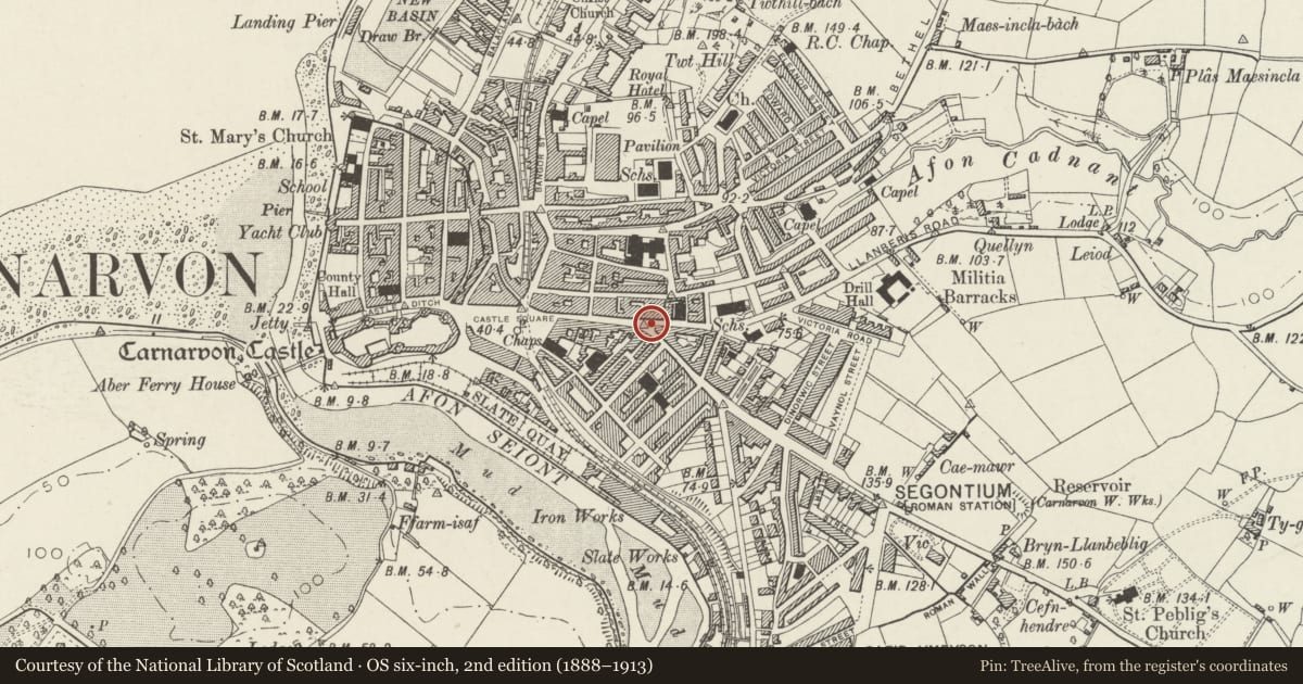 Ordnance Survey six-inch map, 2nd edition (1888–1913) covering the location of The Fountain, Caernarfon, Gwynedd, with a pin at the register's coordinates