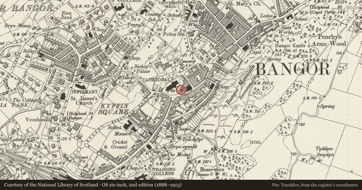 Ordnance Survey six-inch map, 2nd edition (1888–1913) covering the location of 1 Bishop's Close, Bangor, Gwynedd, with a pin at the register's coordinates
