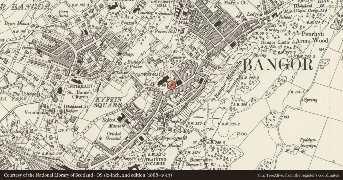 Ordnance Survey six-inch map, 2nd edition (1888–1913) covering the location of 2 Bishop's Close, Bangor, Gwynedd, with a pin at the register's coordinates