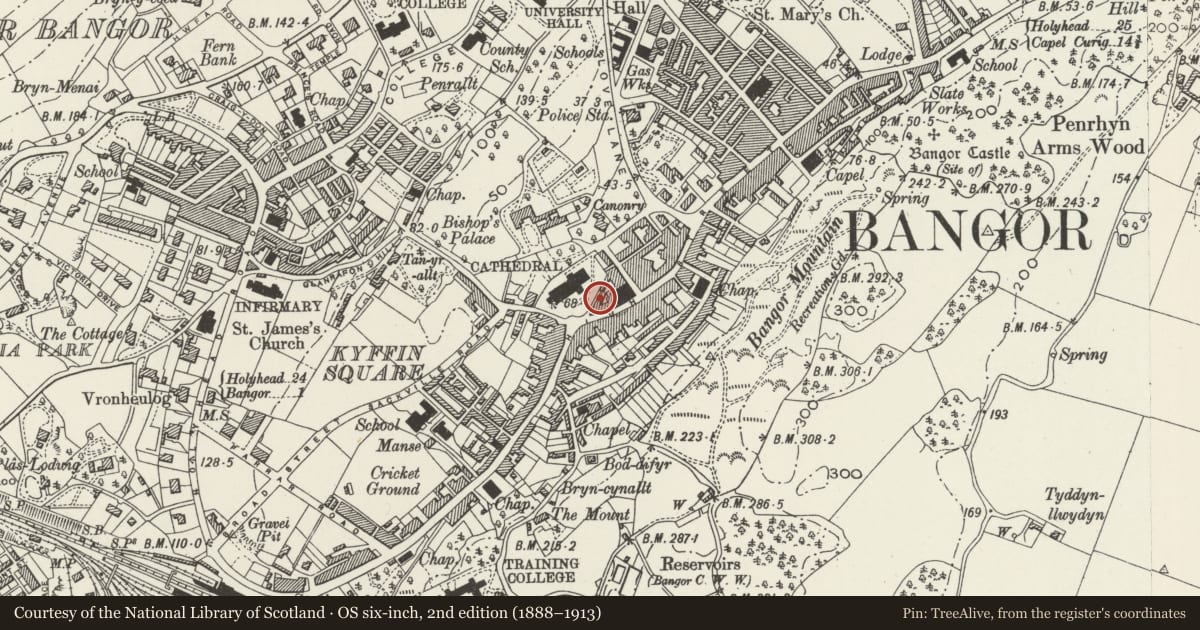 Ordnance Survey six-inch map, 2nd edition (1888–1913) covering the location of 6 Bishops Close, Bangor, Gwynedd, with a pin at the register's coordinates