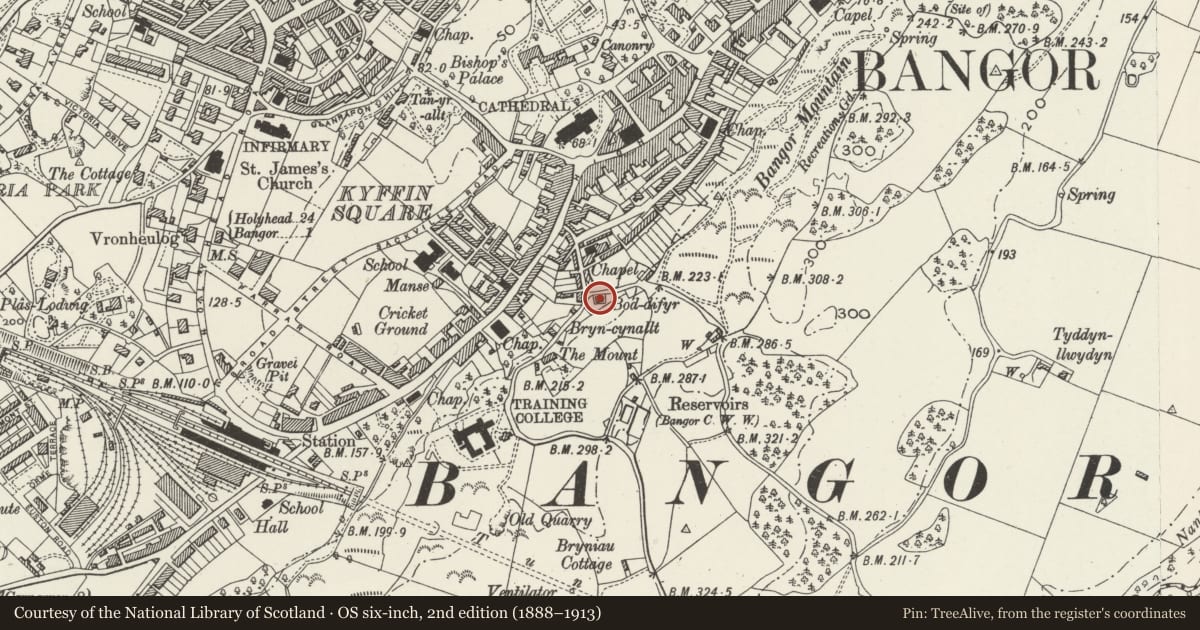 Ordnance Survey six-inch map, 2nd edition (1888–1913) covering the location of Bodifyr, Bangor, Gwynedd, with a pin at the register's coordinates