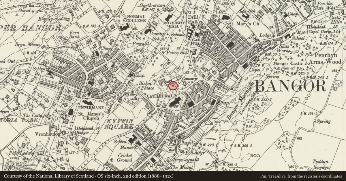 Ordnance Survey six-inch map, 2nd edition (1888–1913) covering the location of Outbuildings to the Service Courtyard at SE. of the Town Hall, Bangor, Gwynedd, with a pin at the register's coordinates