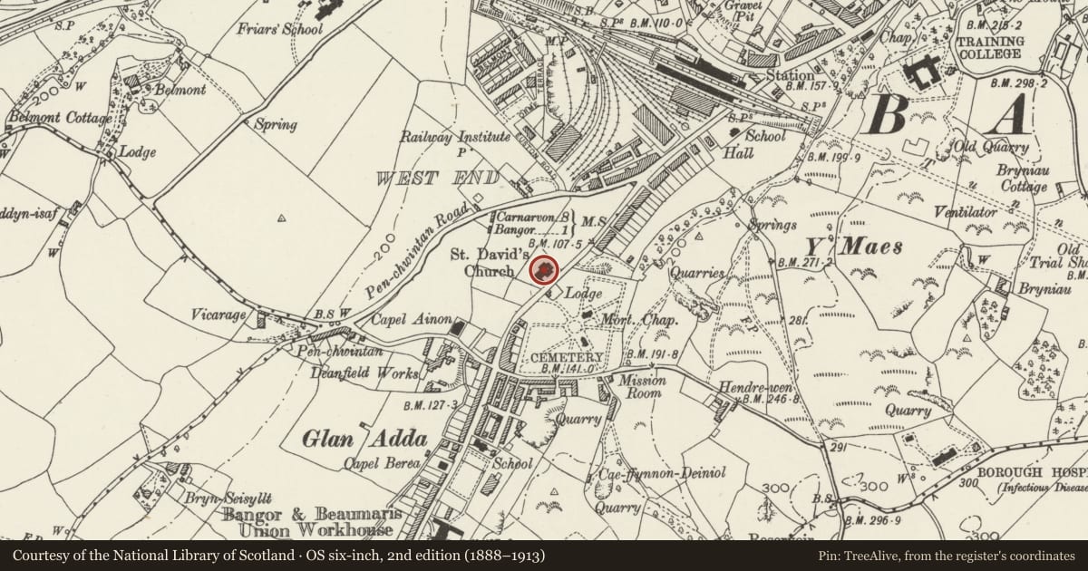 Ordnance Survey six-inch map, 2nd edition (1888–1913) covering the location of St David's Parish Church, Bangor, Gwynedd, with a pin at the register's coordinates