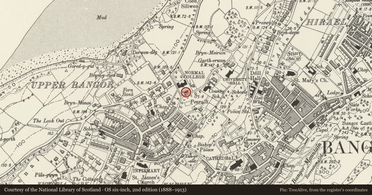 Ordnance Survey six-inch map, 2nd edition (1888–1913) covering the location of Former Normal College Gymnasium (Gwynedd Technical College, Art & Design Section), Bangor, Gwynedd, with a pin at the register's coordinates