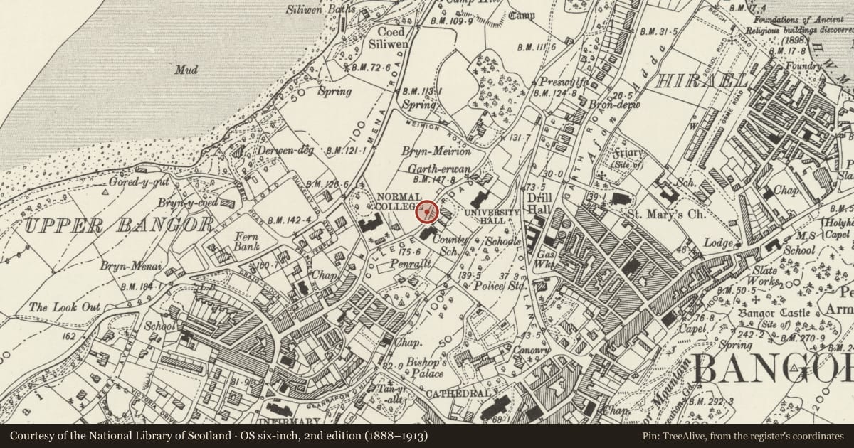 Ordnance Survey six-inch map, 2nd edition (1888–1913) covering the location of Main Entrance to Normal College, attached Boundary Walls & entrance to Athroly's and Neuadd John Phi, Bangor, Gwynedd, with a pin at the register's coordinates