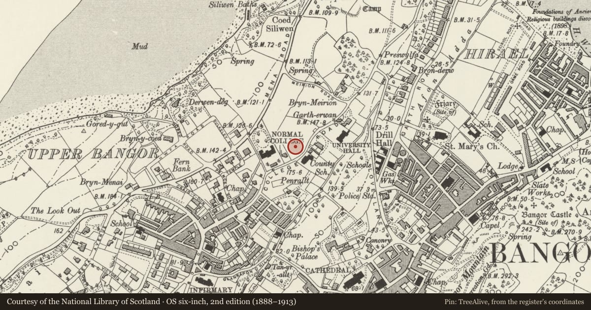 Ordnance Survey six-inch map, 2nd edition (1888–1913) covering the location of Athroly's (Normal College), Bangor, Gwynedd, with a pin at the register's coordinates