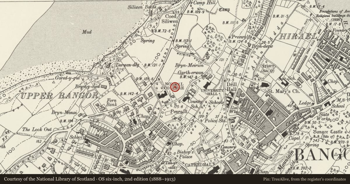Ordnance Survey six-inch map, 2nd edition (1888–1913) covering the location of Neuadd Alun (Normal College), Bangor, Gwynedd, with a pin at the register's coordinates