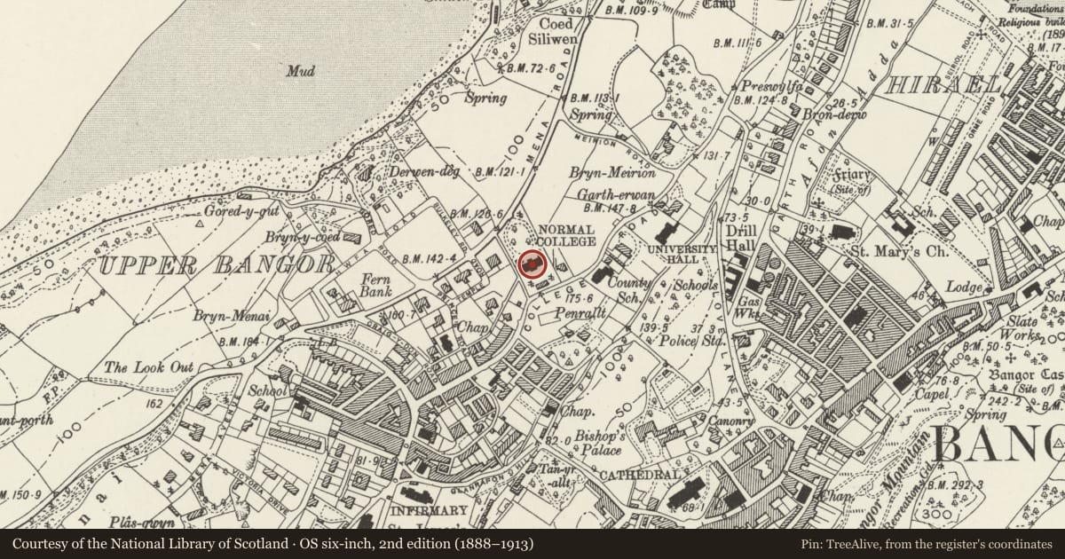 Ordnance Survey six-inch map, 2nd edition (1888–1913) covering the location of Domestic & Dining Hall Range at Normal College, Bangor, Gwynedd, with a pin at the register's coordinates