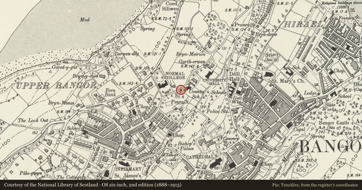Ordnance Survey six-inch map, 2nd edition (1888–1913) covering the location of Pillar Box on Pavement to W of Music Department Building, Bangor, Gwynedd, with a pin at the register's coordinates