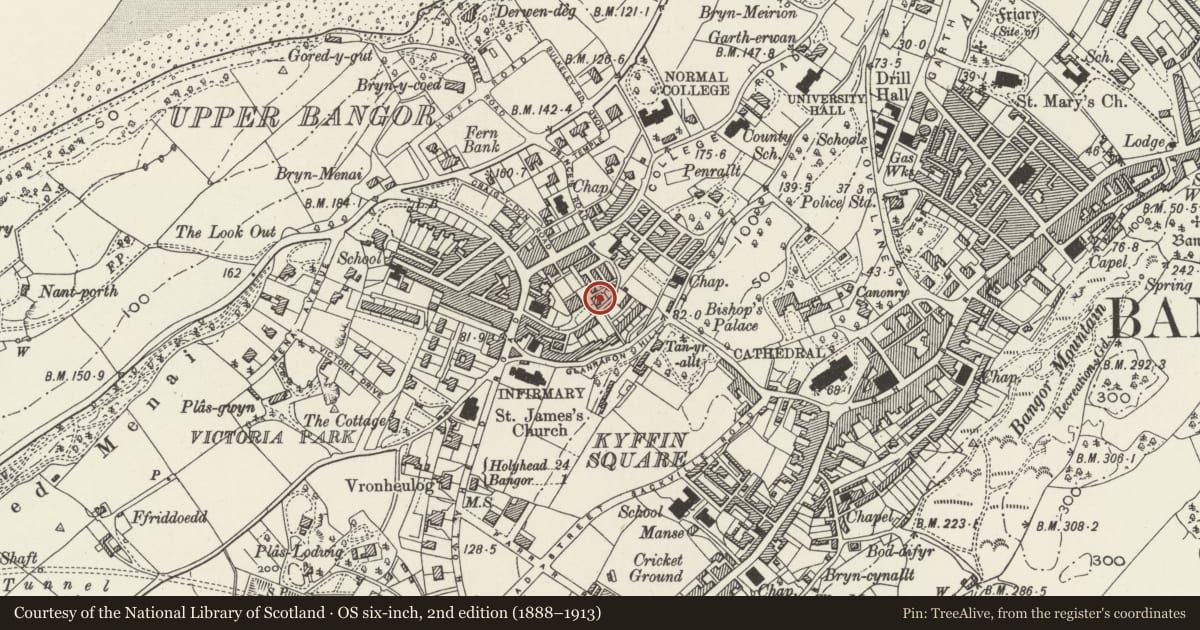 Ordnance Survey six-inch map, 2nd edition (1888–1913) covering the location of Bryn Hyfryd (International Schizophrenia Centre), Bangor, Gwynedd, with a pin at the register's coordinates