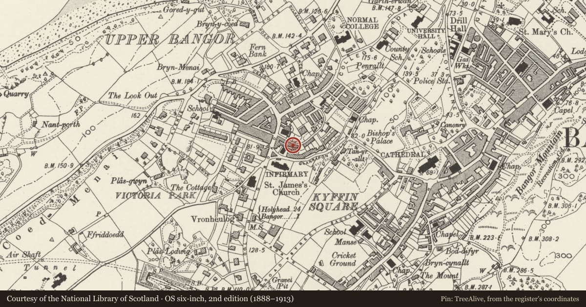 Ordnance Survey six-inch map, 2nd edition (1888–1913) covering the location of 10 The Cresent, Bangor, Gwynedd, with a pin at the register's coordinates
