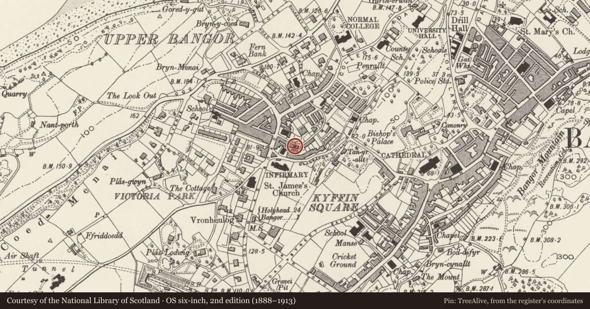 Ordnance Survey six-inch map, 2nd edition (1888–1913) covering the location of 11 The Crescent, Bangor, Gwynedd, with a pin at the register's coordinates