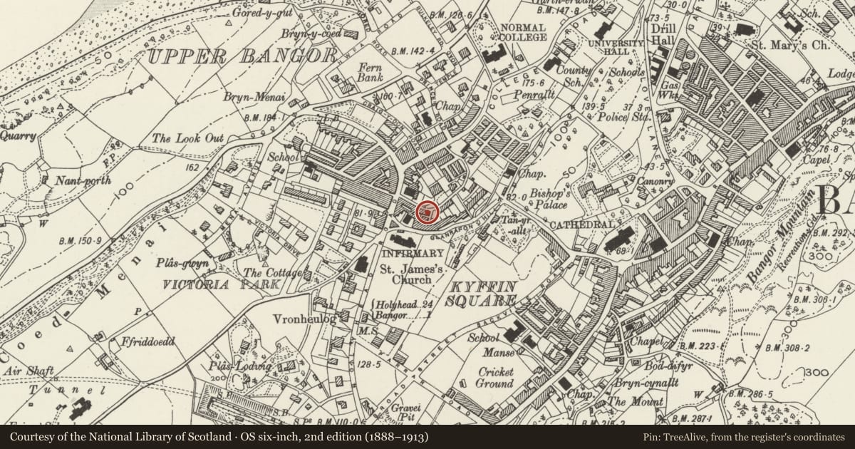 Ordnance Survey six-inch map, 2nd edition (1888–1913) covering the location of 12 The Crescent, Bangor, Gwynedd, with a pin at the register's coordinates
