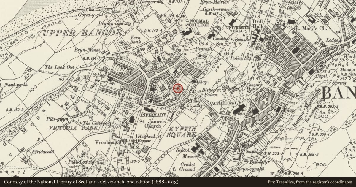 Ordnance Survey six-inch map, 2nd edition (1888–1913) covering the location of Mount Pleasant Terrace, Bangor, Gwynedd, with a pin at the register's coordinates