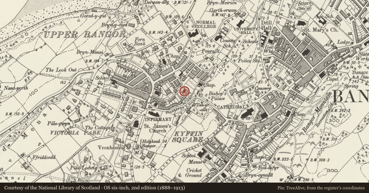 Ordnance Survey six-inch map, 2nd edition (1888–1913) covering the location of Mount Pleasant Terrace, Bangor, Gwynedd, with a pin at the register's coordinates