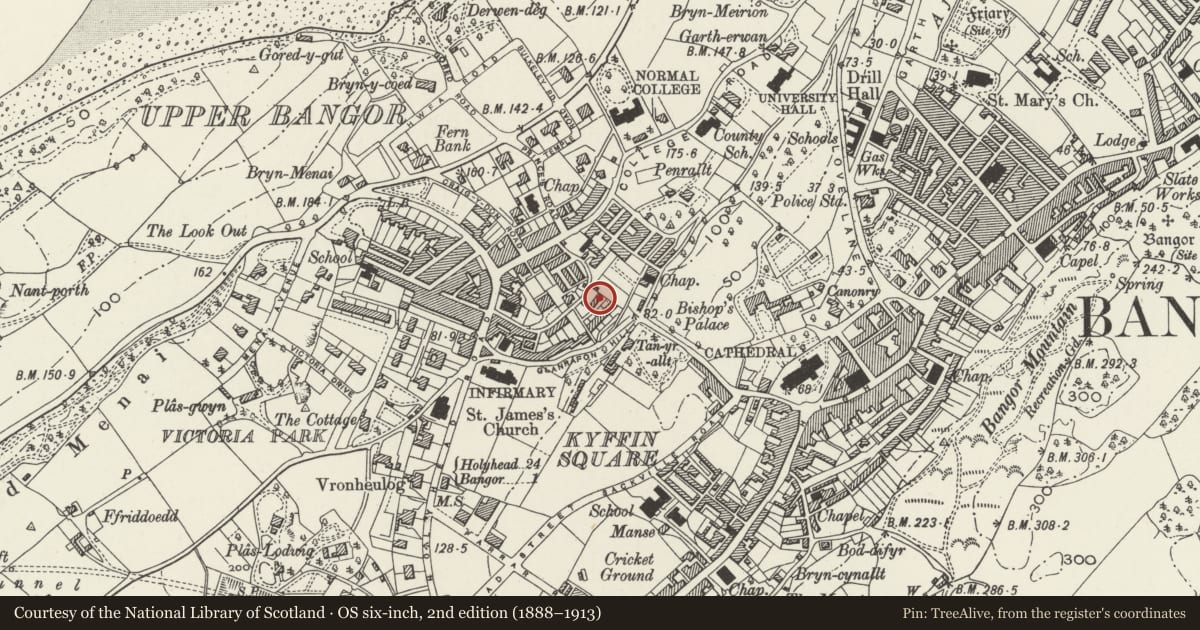 Ordnance Survey six-inch map, 2nd edition (1888–1913) covering the location of Mount Pleasant Terrace, Bangor, Gwynedd, with a pin at the register's coordinates