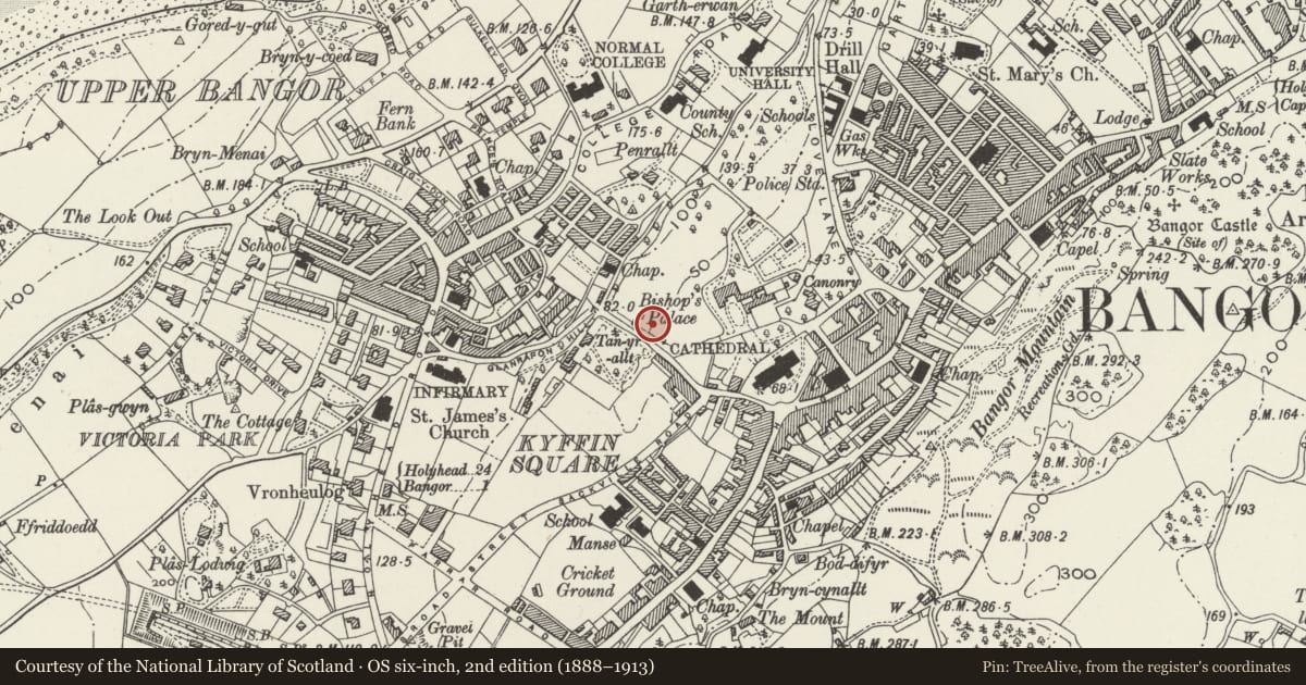 Ordnance Survey six-inch map, 2nd edition (1888–1913) covering the location of North Wales Heroes Memorial, Bangor, Gwynedd, with a pin at the register's coordinates