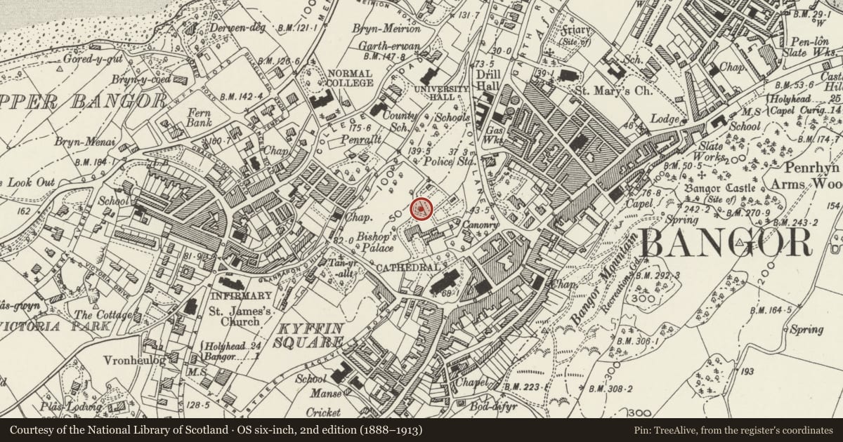 Ordnance Survey six-inch map, 2nd edition (1888–1913) covering the location of Drinking Fountain, Bangor, Gwynedd, with a pin at the register's coordinates
