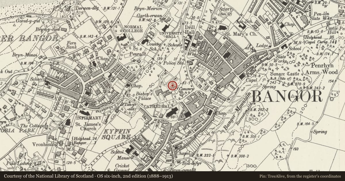 Ordnance Survey six-inch map, 2nd edition (1888–1913) covering the location of Lending Library, Bangor, Gwynedd, with a pin at the register's coordinates