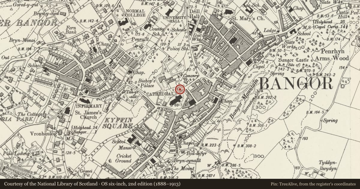 Ordnance Survey six-inch map, 2nd edition (1888–1913) covering the location of Gateway to Bible Garden, Bangor, Gwynedd, with a pin at the register's coordinates