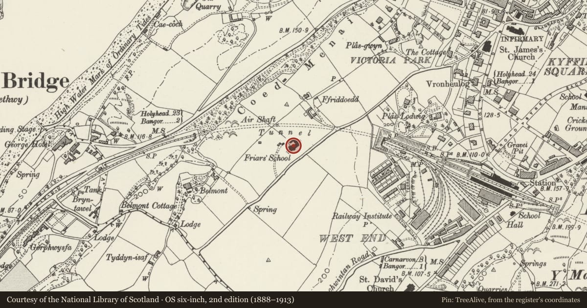 Ordnance Survey six-inch map, 2nd edition (1888–1913) covering the location of Friars Lower School, Bangor, Gwynedd, with a pin at the register's coordinates