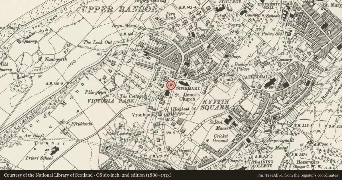 Ordnance Survey six-inch map, 2nd edition (1888–1913) covering the location of Pillar Box to Ne of St. James Churchyard, Bangor, Gwynedd, with a pin at the register's coordinates