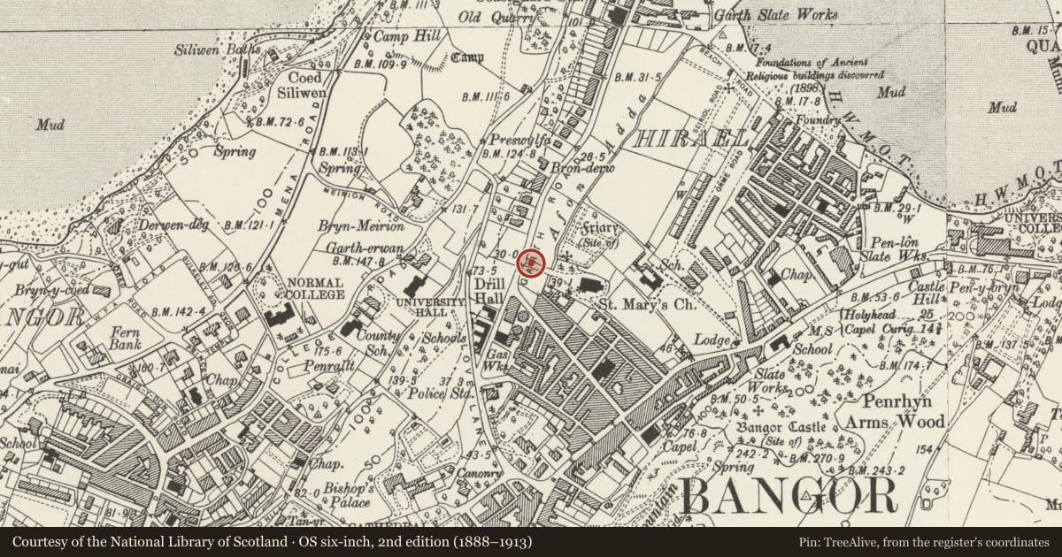 Ordnance Survey six-inch map, 2nd edition (1888–1913) covering the location of Gate Piers & Gates at entrance to St. Marys Churchyard, Bangor, Gwynedd, with a pin at the register's coordinates