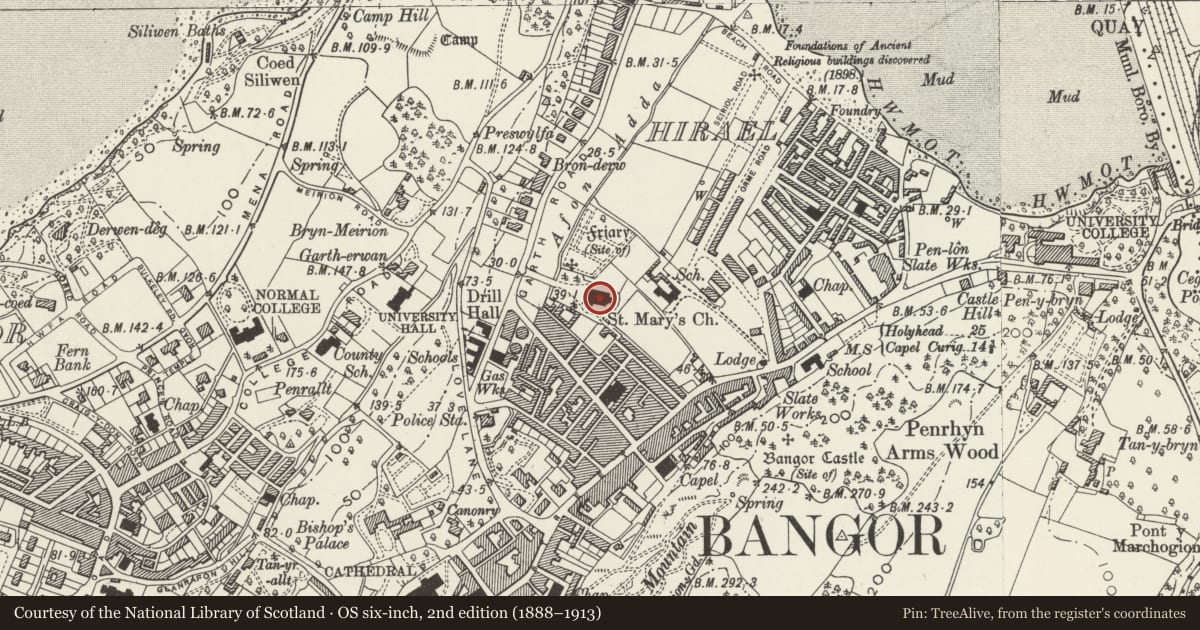 Ordnance Survey six-inch map, 2nd edition (1888–1913) covering the location of St Marys Parish Church, Bangor, Gwynedd, with a pin at the register's coordinates
