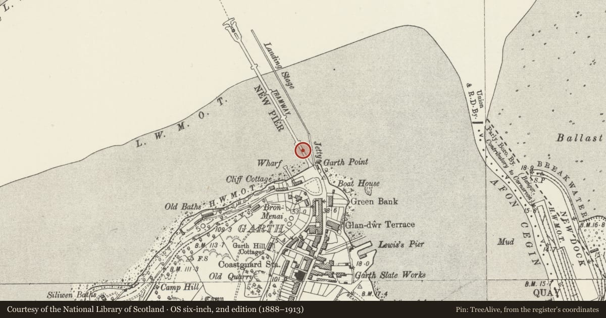 Ordnance Survey six-inch map, 2nd edition (1888–1913) covering the location of Bangor Pier, Gwynedd, with a pin at the register's coordinates