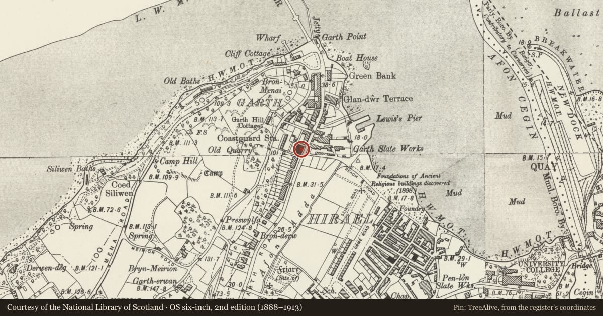 Ordnance Survey six-inch map, 2nd edition (1888–1913) covering the location of Former Garth Primary School, Bangor, Gwynedd, with a pin at the register's coordinates